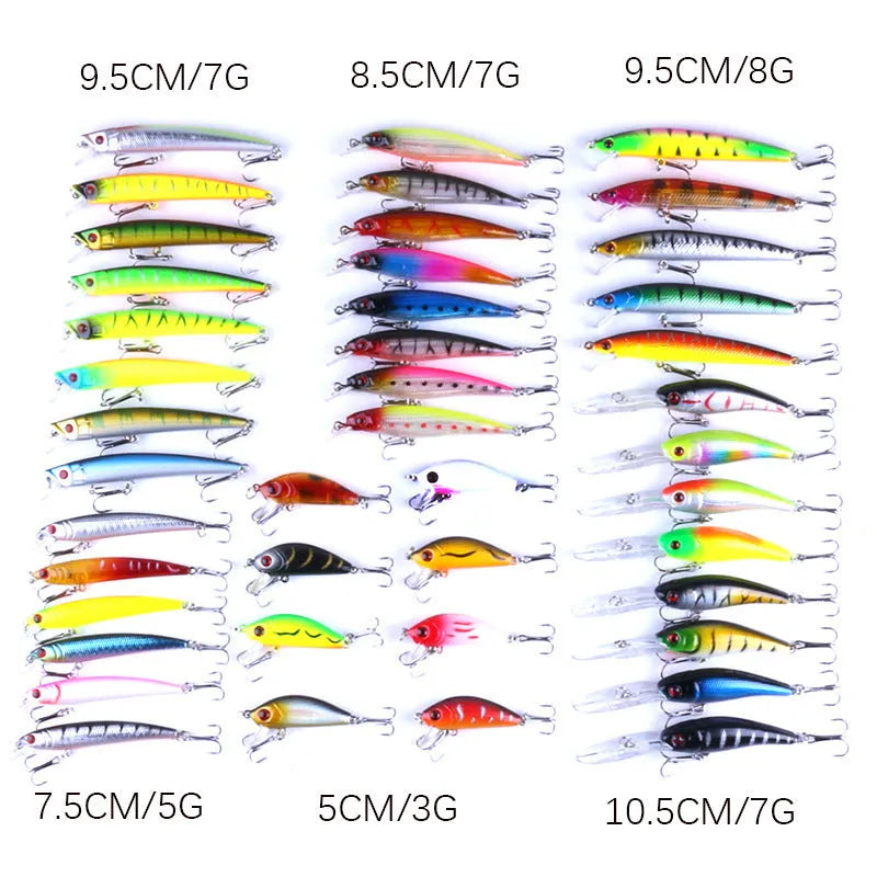 43-piece portable fishing gear set with plastic bait lures in green, blue black, and silver colours including 20cm baits