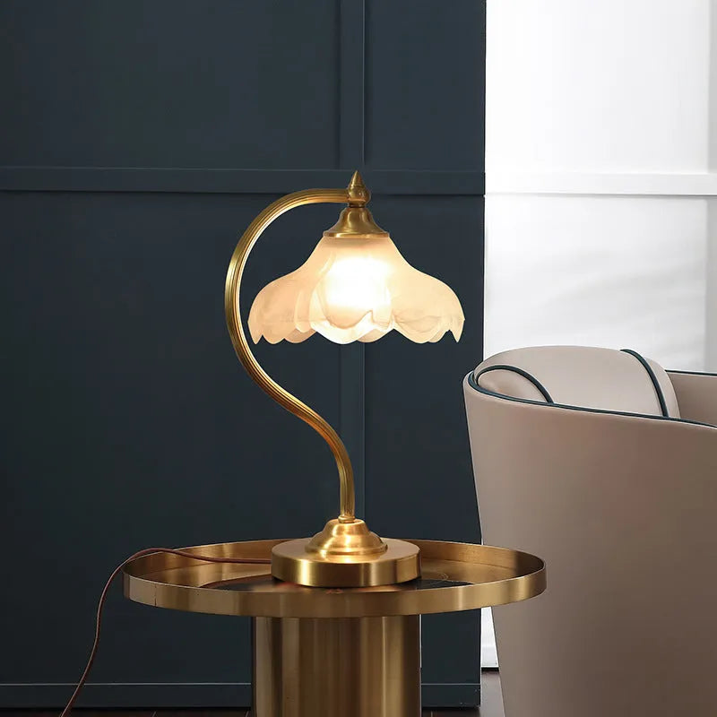 Gold copper and glass bedside lamp 23cm diameter 42cm height on table