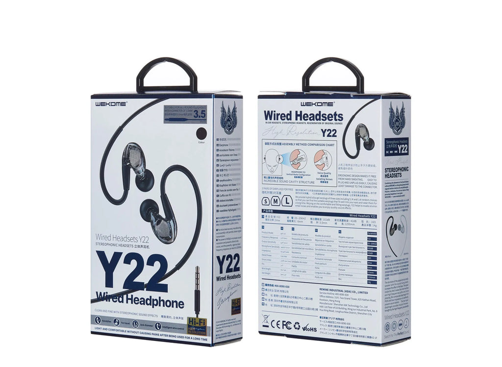 WK Music Earphone Y22 wired in-ear headphones with 3.5mm plug and microphone on white background