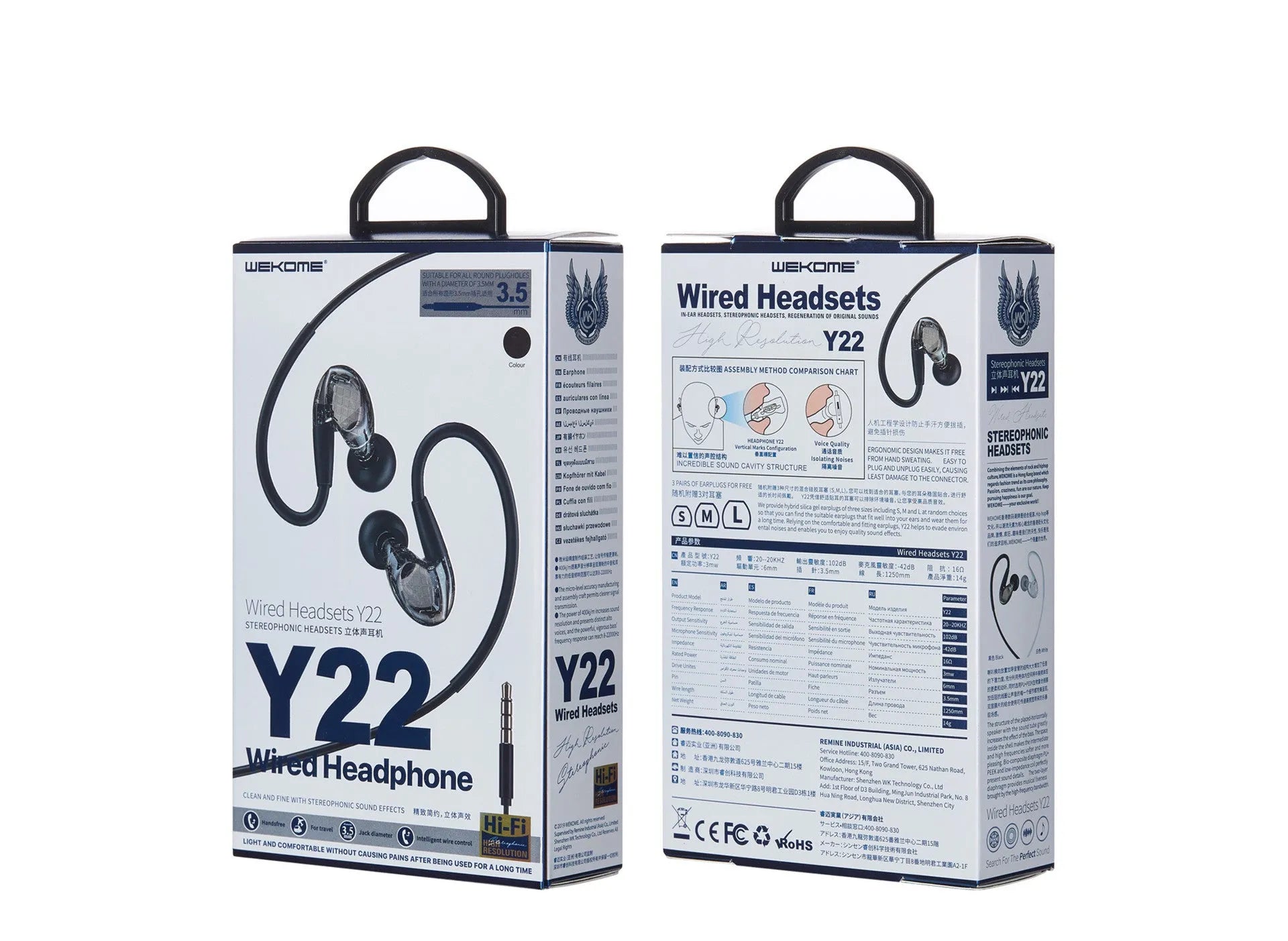 WK Music Earphone Y22 wired in-ear headphones with 3.5mm plug and microphone on white background