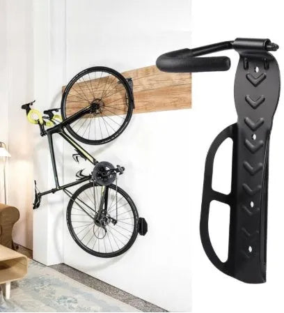 Black steel mountain bike wall rack with sponge-protected hook, measuring 260x130x70mm, loaded with a mountain bike