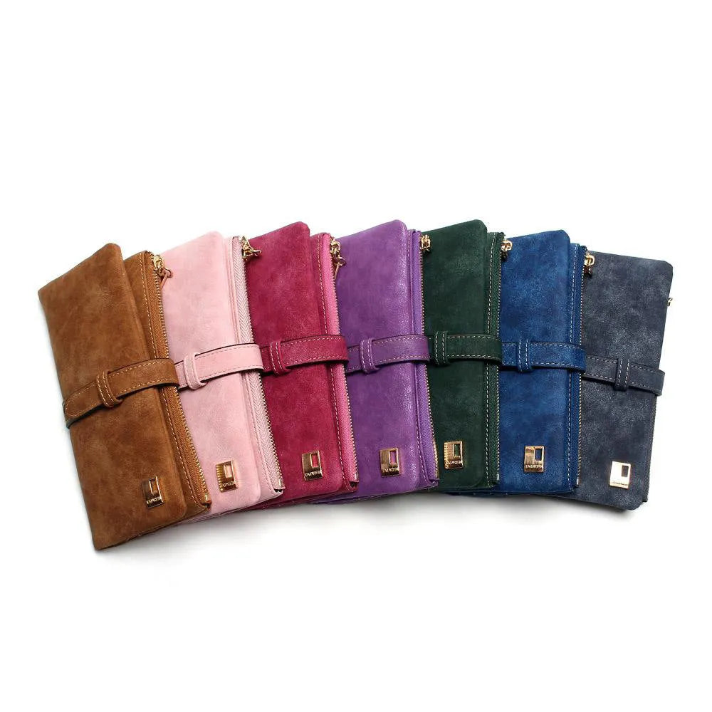 TAUREN women's retro matte leather long wallet open showing internal card slots and zip pocket