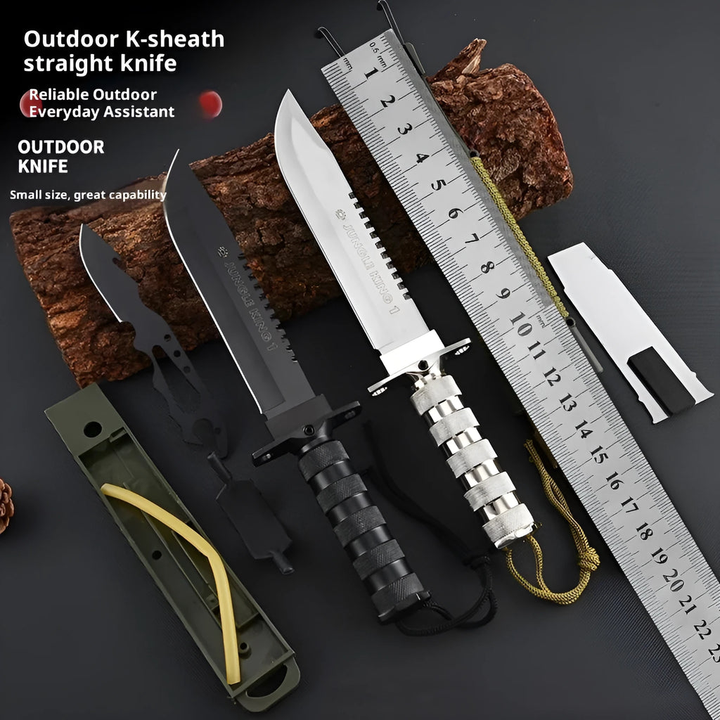 Keel multifunctional small straight tactical knife with 8Cr19MoV steel blade and aluminium alloy handle on neutral background
