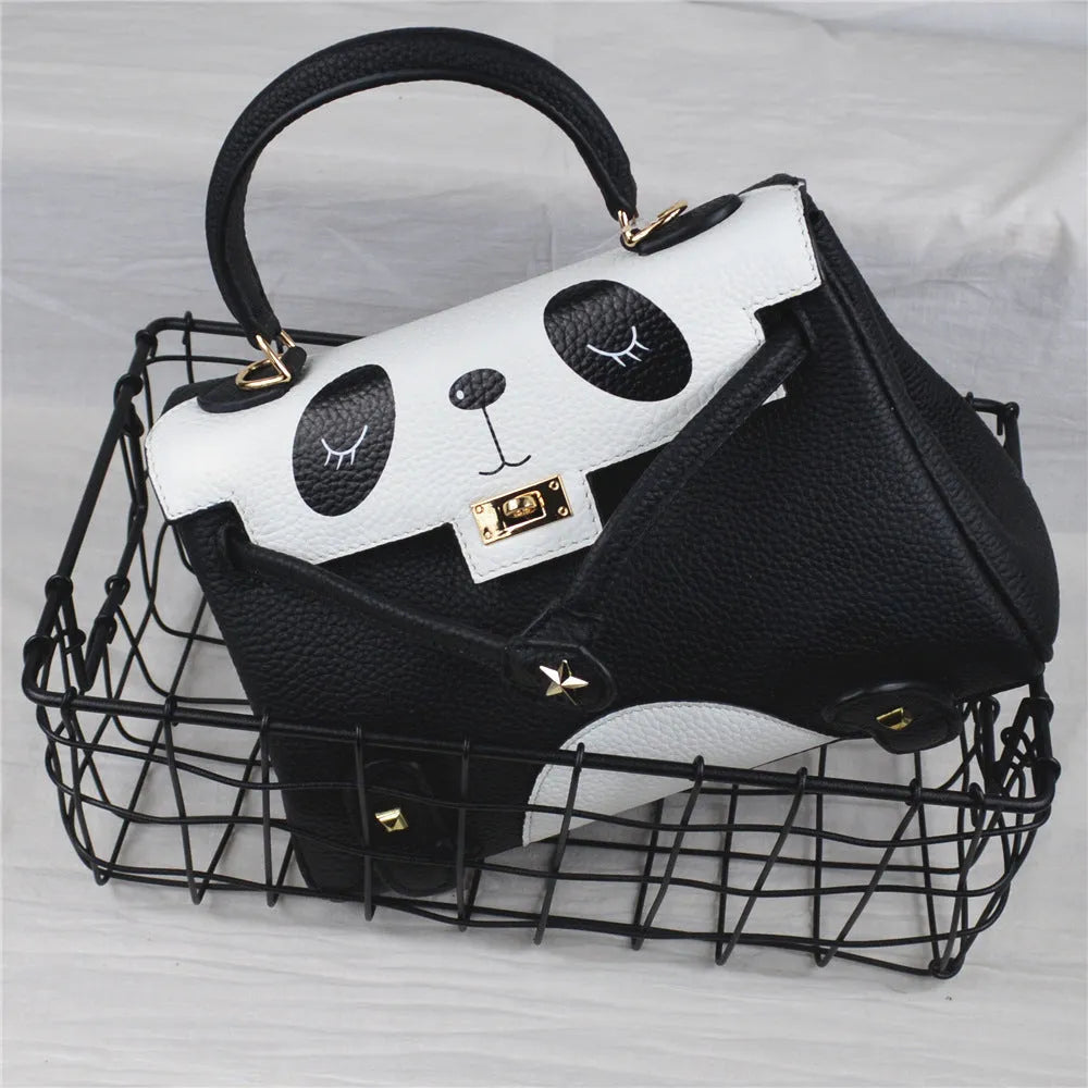 Panda animal print handbag made from cowhide leather in a horizontal square shape.