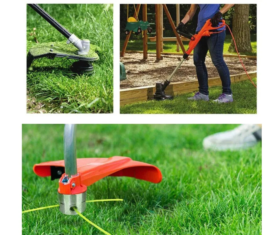 Silver aluminium lawn mower grass trimmer head accessory with four light yellow square ropes and a wrench.