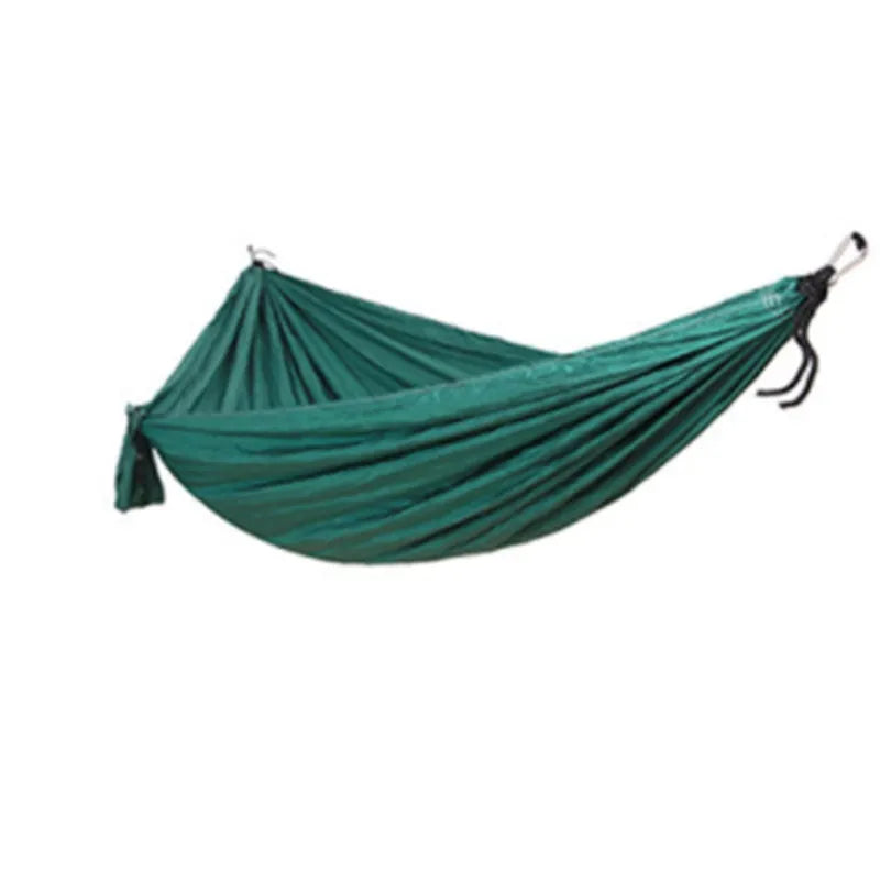 Double widened camping hammock 275x140cm in 210T nylon parachute fabric with steel buckles and ropes, shown outdoors in a garden setting