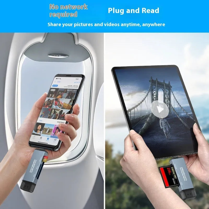 Silver aluminium three-in-one memory card reader for CF, SD, and TF cards with USB and Type-C ports.