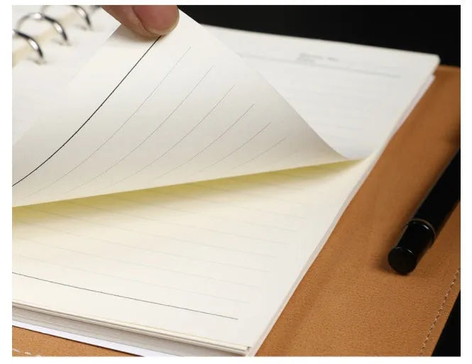 A5 leather notebook with 6-hole binder clip in black, blue, brown, grey or red colours