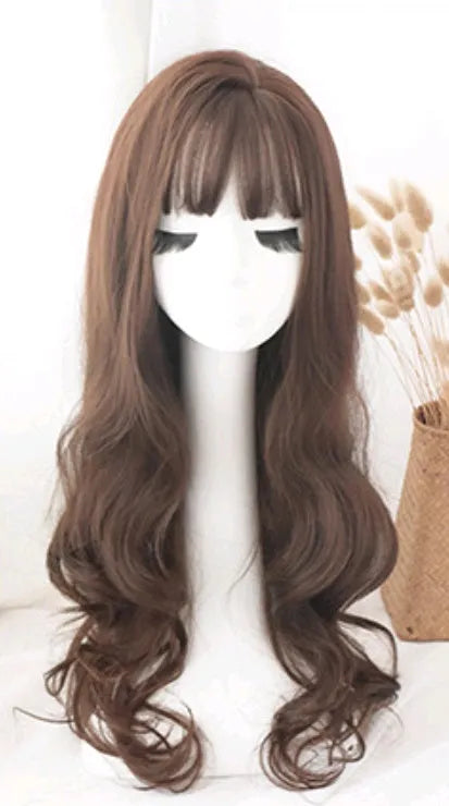 Long curly wig with air bangs, big wavy pear flower style, 62cm high temperature wire fibre, women's headgear