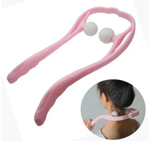 Blue plastic neck massager hand roller with adjustable stand and 3D floating massage points.