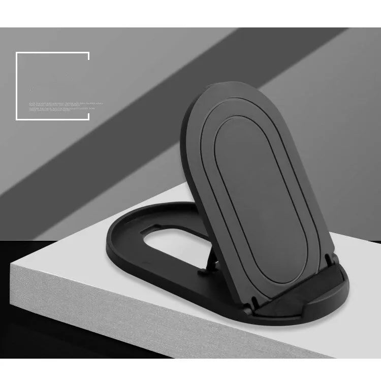 Plastic lazy bracket mobile phone stand on a desk, shown in assorted colours including black, blue, and pink.