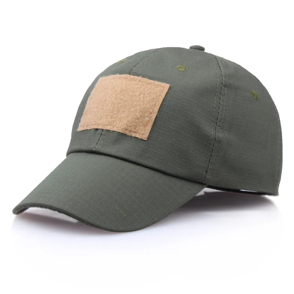 Velcro camouflage baseball cap with embroidered patch on polyester twill fabric, one size