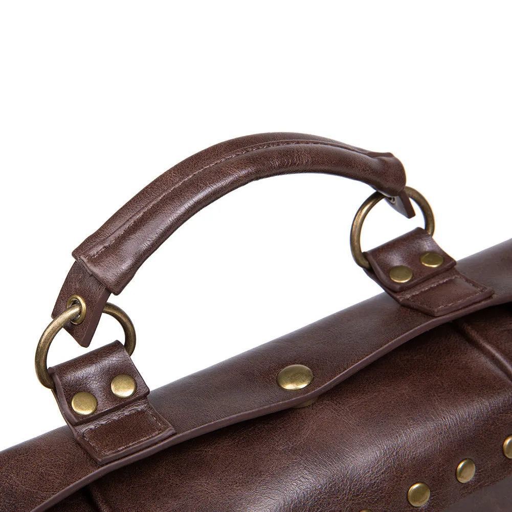 Bronze steampunk style PU leather shoulder bag with metal hardware on a horizontal square pillow bag shape.