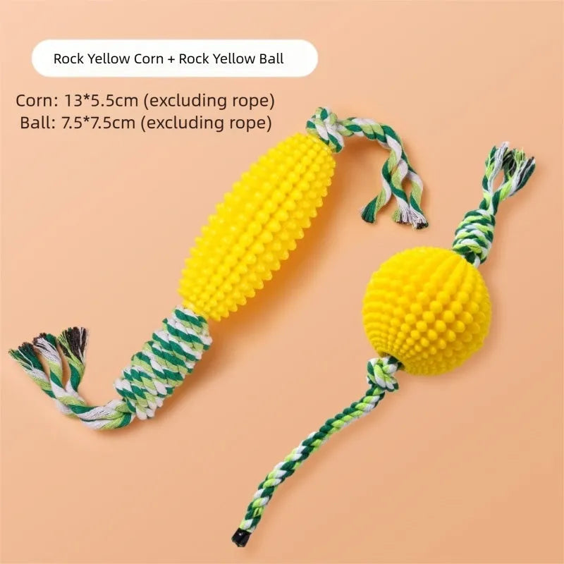 Pet Toy Corn Ball Knot Teething Toys set with two corn-shaped toys in yellow and green and one yellow ball on a white background