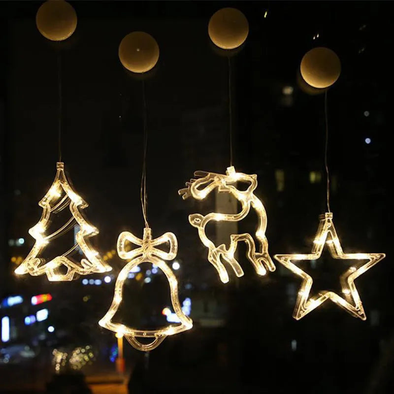 LED Christmas suction cup chandelier with Santa, elk, and snowman designs on window