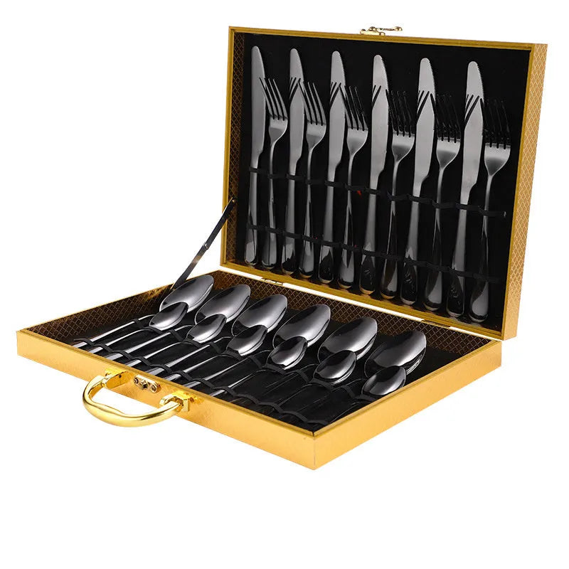 24 piece stainless steel cutlery set showing knives, forks and spoons in various colour finishes with one-piece moulding construction
