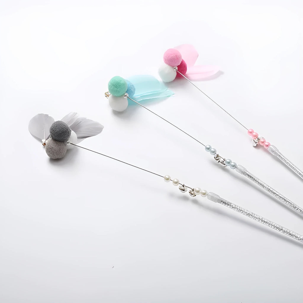 Funny cat stick with plush goldfish head, steel wire wand, plastic handle, 35cm long, grey blue or pink