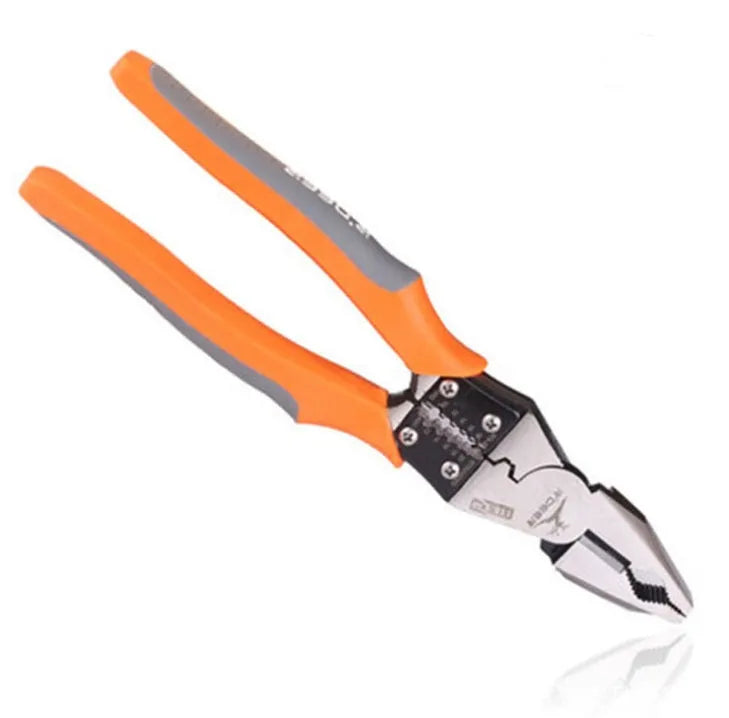Orange handled 9 inch multi-function wire cutter pliers with alloy steel jaws.