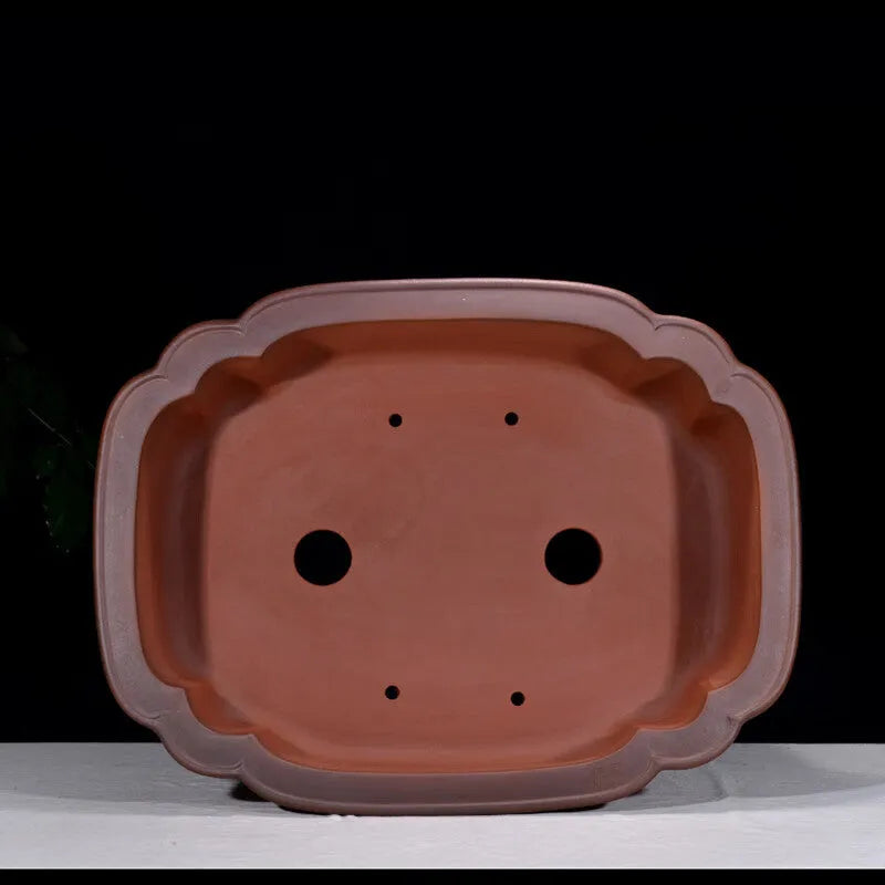 Antique finished rectangular purple clay flowerpot with detailed tree stump and floral relief carving.