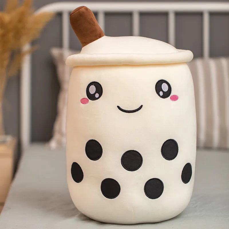 Brown and pink boba milk tea plush stuffed toy shaped like a fruit and drink cup.