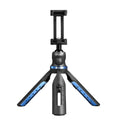 Black desktop tripod holding a mobile phone, showing adjustable bracket and plastic-aluminium construction