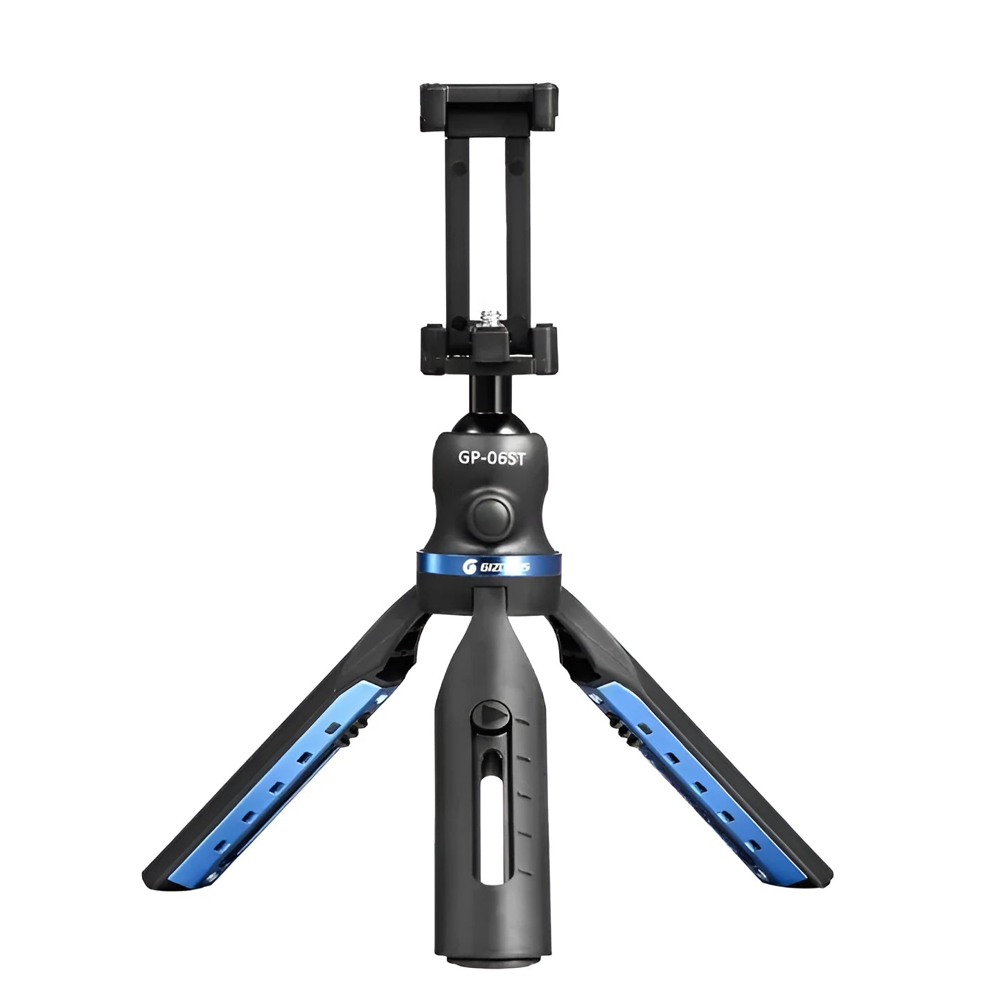 Black desktop tripod holding a mobile phone, showing adjustable bracket and plastic-aluminium construction