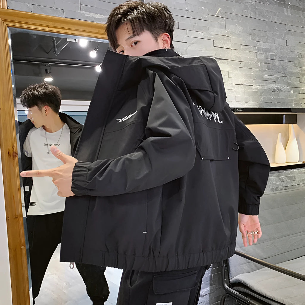Men's hooded zip work coat in black, loose fit, 100% polyester, spring autumn jacket