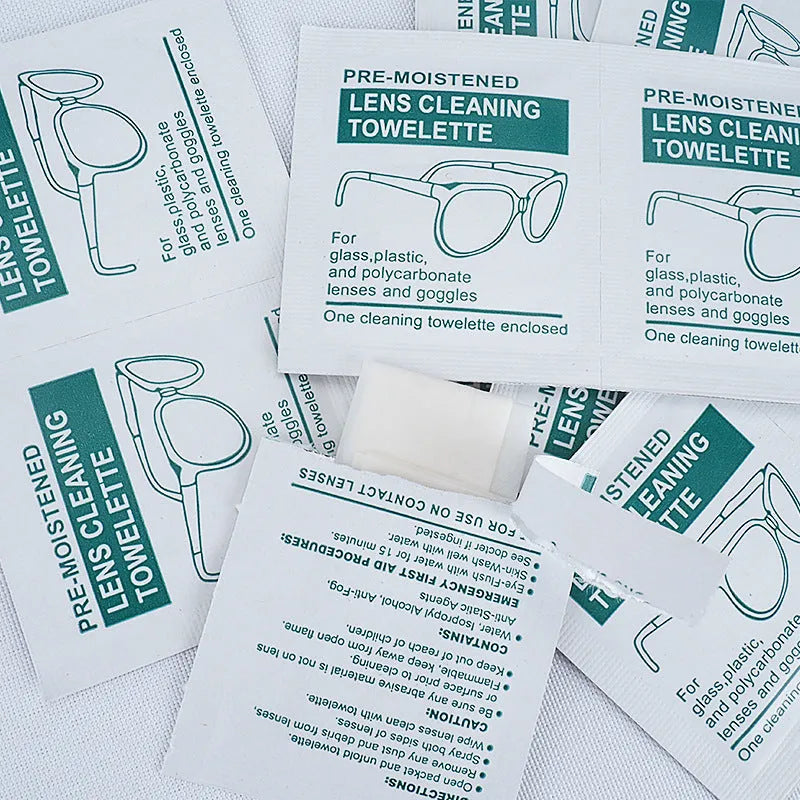Pack of 100 individually wrapped optical cleaning wipes for glasses, lenses, and screens.