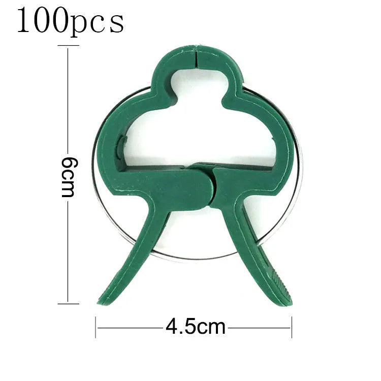 Green plastic and zinc plant fixing clips for tomatoes and climbing vines, showing large and small sizes
