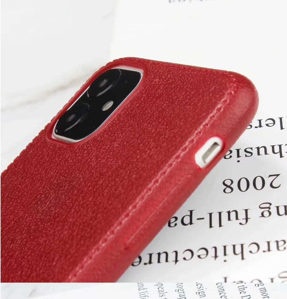 Leather and TPU iPhone case shown in black, brown, navy blue, and wine red colours for multiple Apple models.