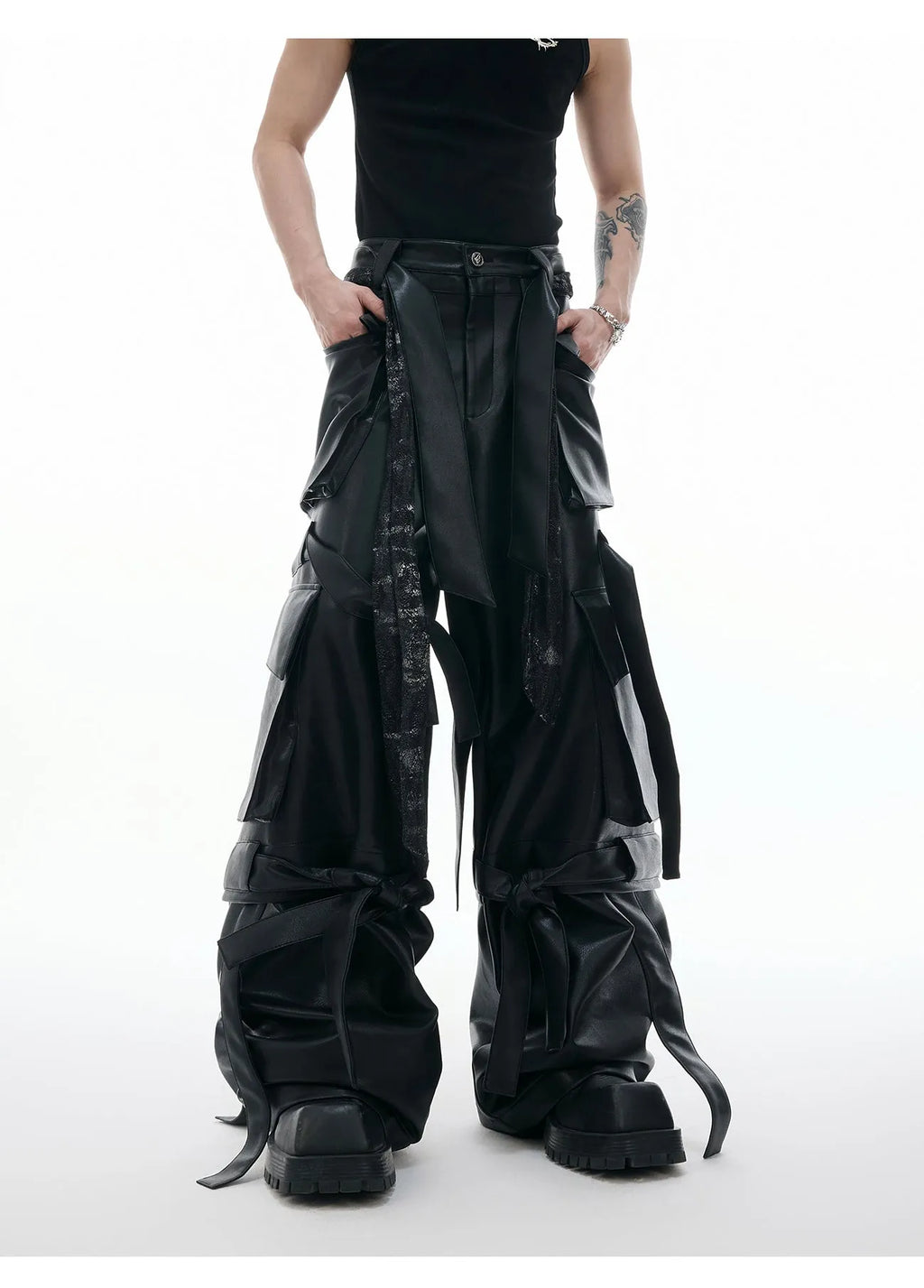 Black retro multi-pocket pants with quilted stitching detail and loose fit design
