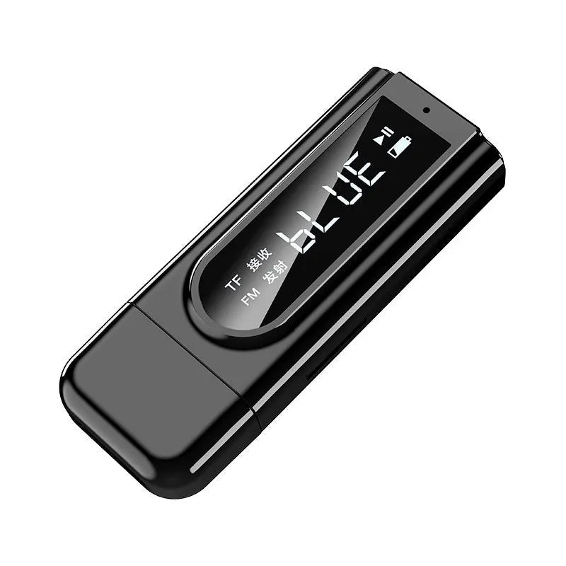 Black USB car FM bluetooth receiver for MP3 playback with AUX input.