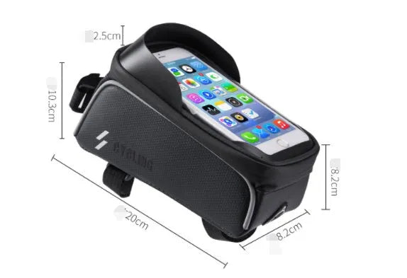 Black 1L handlebar crossbeam bag with TPU touch film window and Velcro straps, shown on a bicycle frame