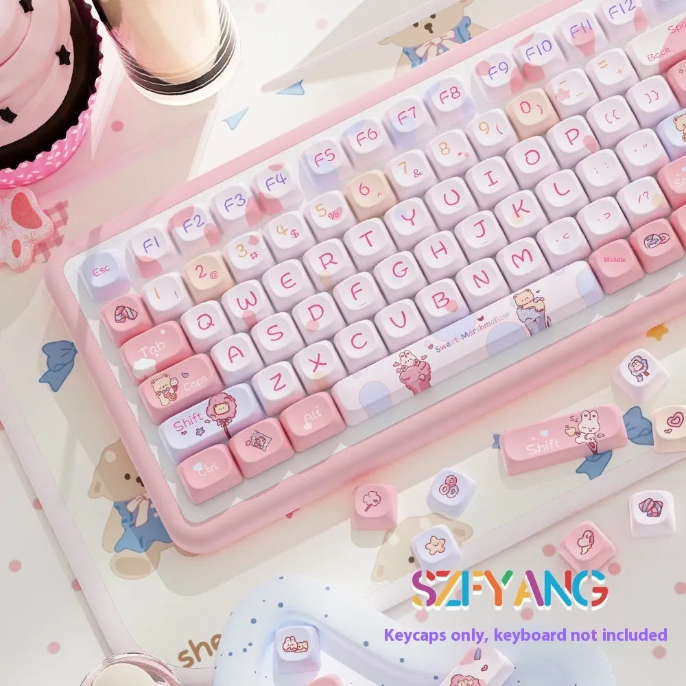 Sweet Cotton Candy pastel coloured mechanical keyboard keycaps displayed in sets of 112 and 120 keys