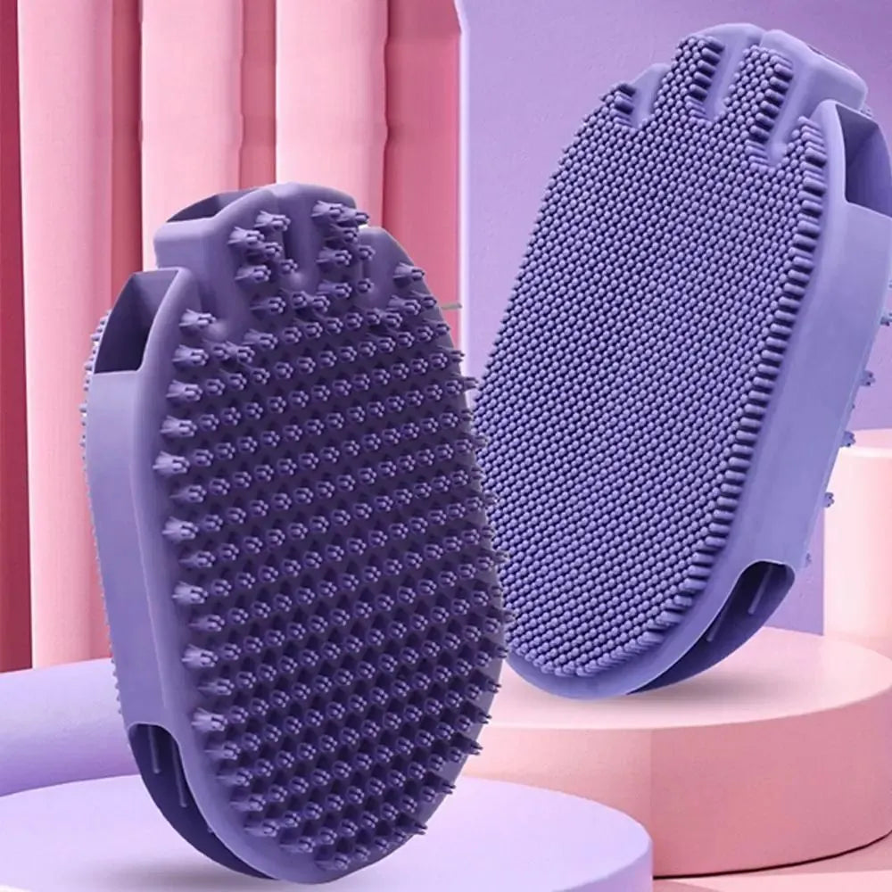 Purple TPR pet shampoo massage brush with dual-sided bristles for dog and cat grooming