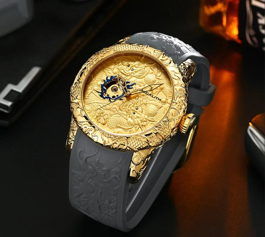 Dragon pattern mechanical watch with black rubber band, 50mm case, and gold accents, available in multiple colours.