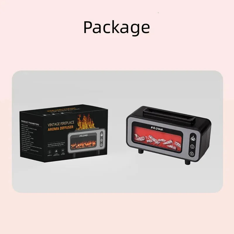 Black ultrasonic flame humidifier 200ml with 3D fireplace effect and 7-colour LED light, 210*80*118mm