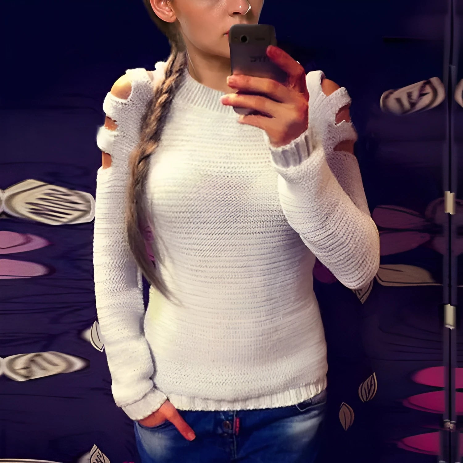 Women's grey knitted shirt with hollow-out crochet pattern, round neck and long sleeves