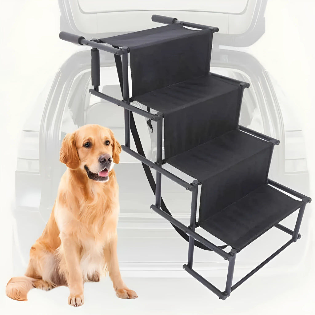 Folding stainless steel dog ladder for vehicle access showing black colour option