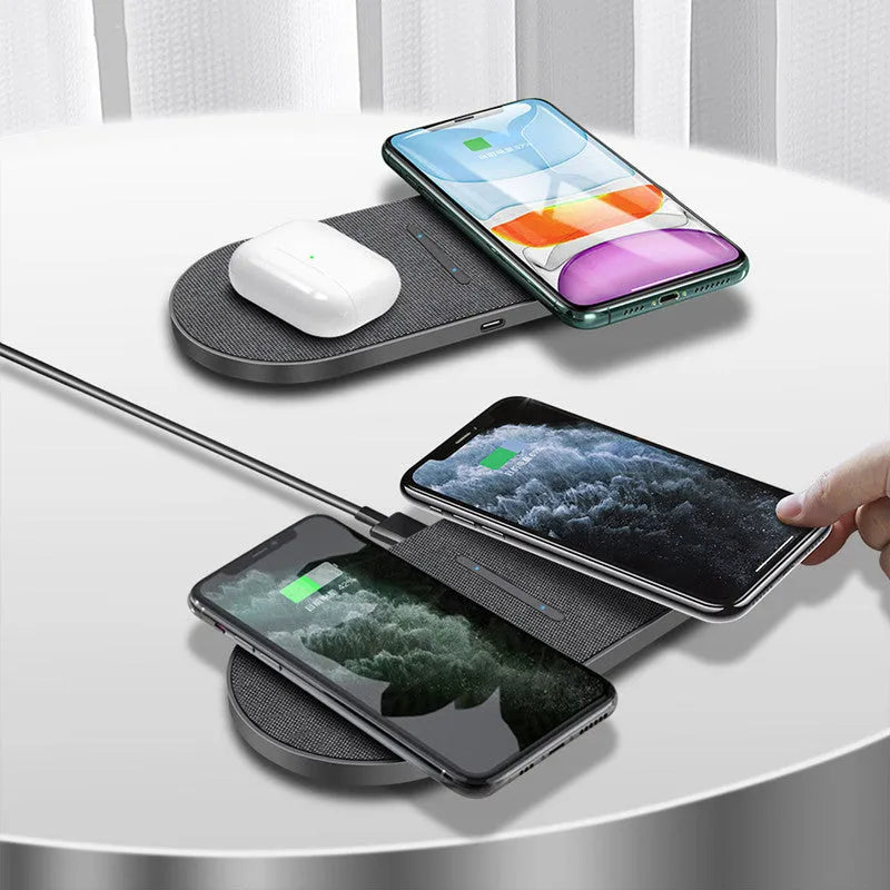 Black dual station wireless charger with two charging pads and indicator lights