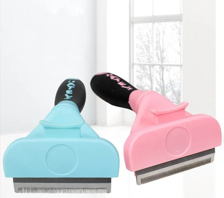 Dog and cat comb brush with stainless steel pins, rubber and plastic handle, shown in blue or pink and small or large sizes