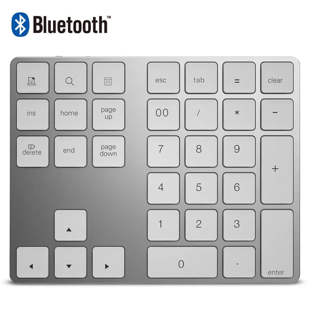 Wireless aluminium alloy Bluetooth numeric keypad with 34 keys in silver finish