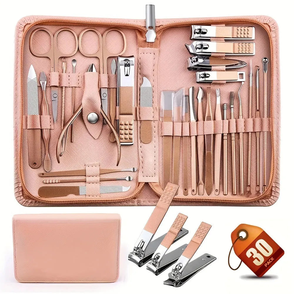 30-piece stainless steel nail clipper tool set in a portable case, available in multiple colours