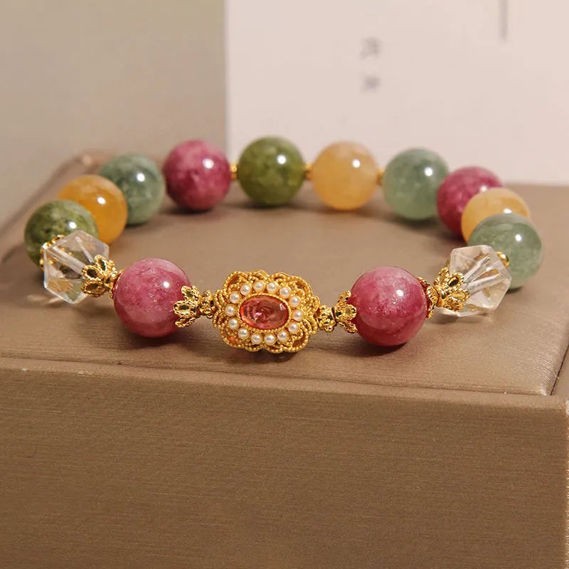 Women's jade colour tourmaline bracelet with round beads, alloy inlay, and rhinestone accents