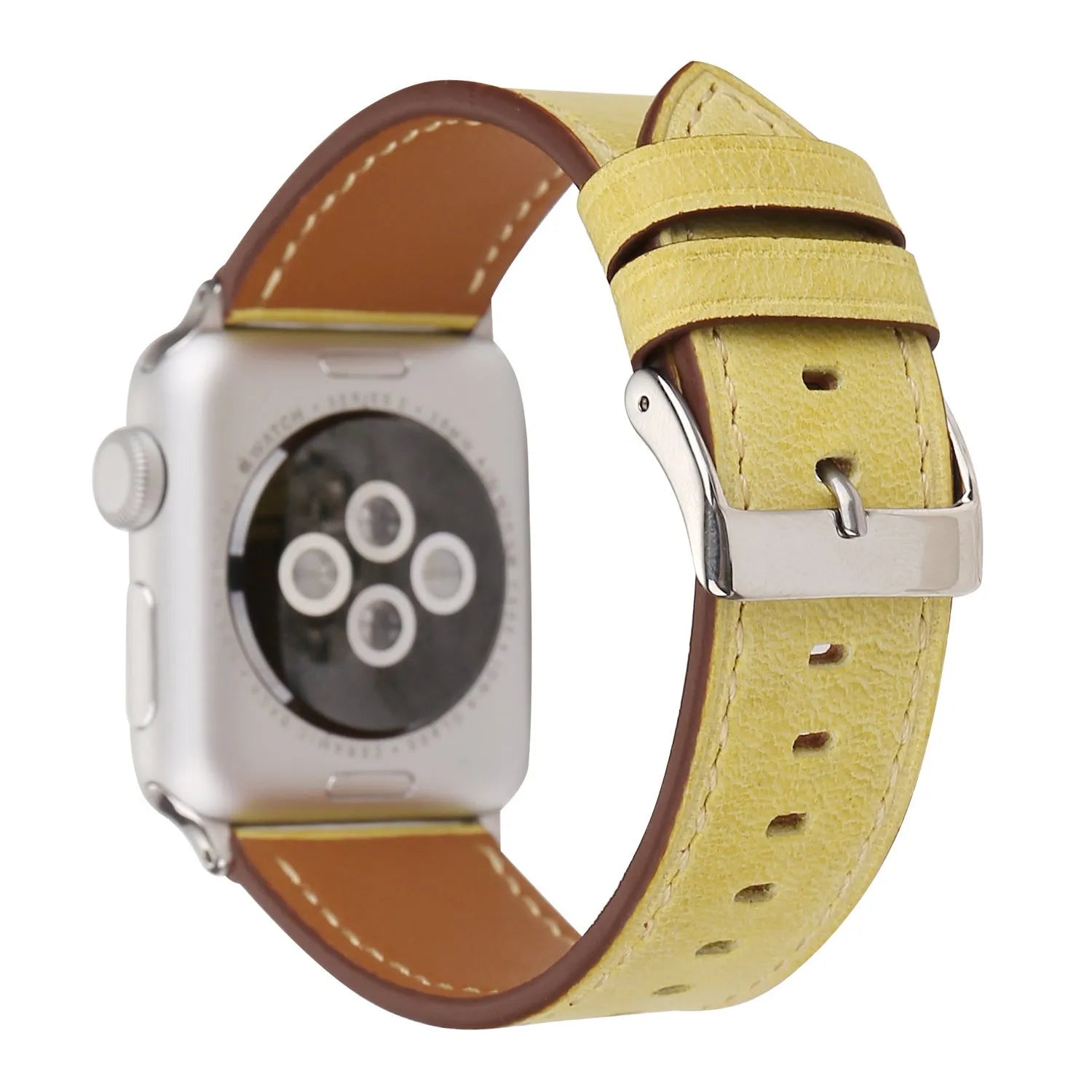 Genuine leather strap with folding buckle in multiple colours including blue, brown, and pink.