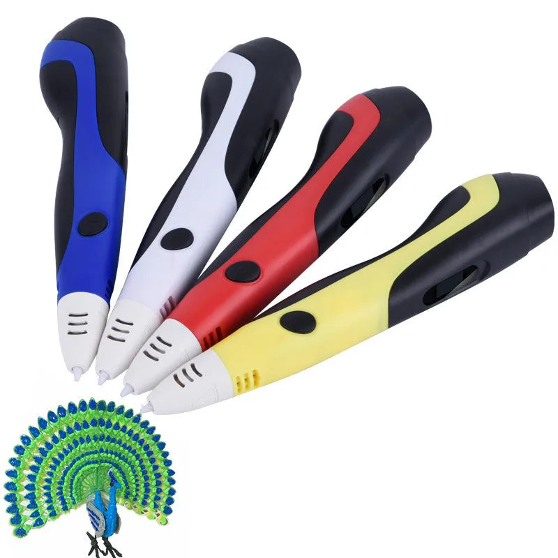 3D printing pen with plastic body, USB cable, and accessories including base and 12-colour filaments
