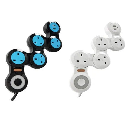 UK standard USB charging power strip with rotating sockets in white or black colour