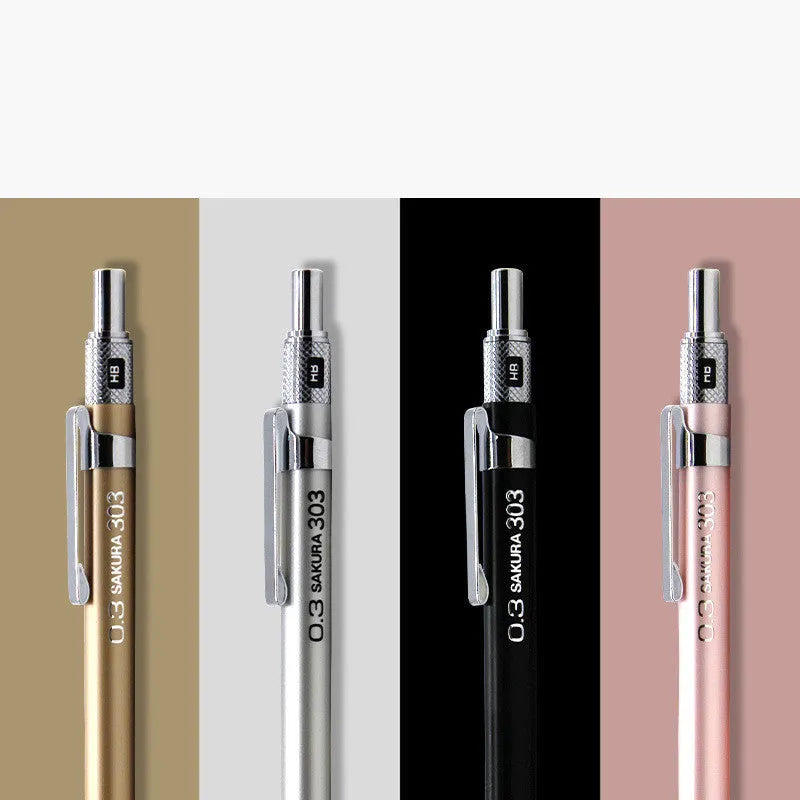 Japanese cherry metal mechanical pencil in gold, silver, black, or pink colour options.