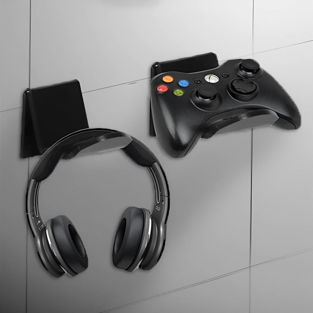 Universal game controller wall mount bracket in black colour shown mounted on wall