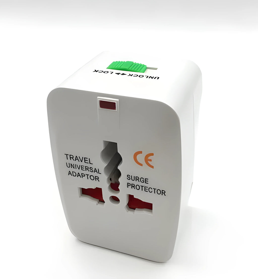 Compact universal travel plug converter adapter for multi-country mobile phone charging.